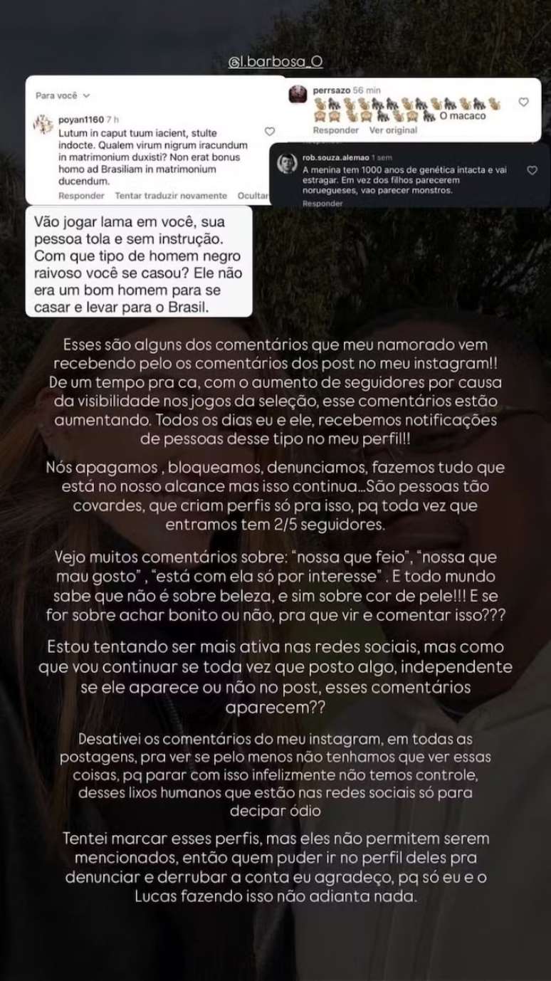 Helena Wenk desabafa no Instagram ap&oacute;s racismo contra o namorado Lucas Barbosa