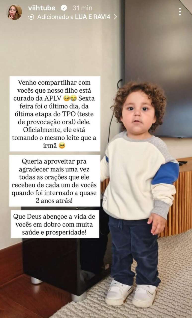 Ravi, filho de Viih Tube, est&aacute; curado da APLV (Alergia &agrave; Prote&iacute;na do Leite de Vaca)