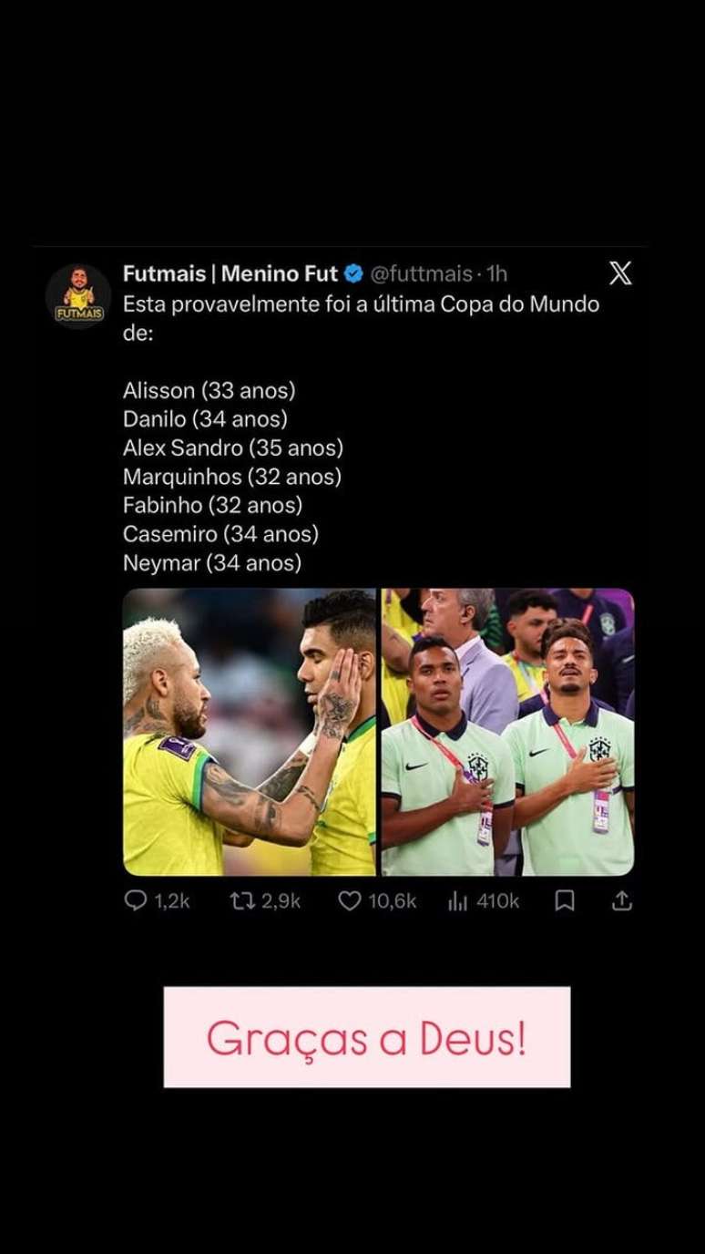 Publica&ccedil;&atilde;o da jornalista no Instagram dividiu opini&otilde;es entre torcedores ap&oacute;s o fim da campanha do Brasil &ndash;