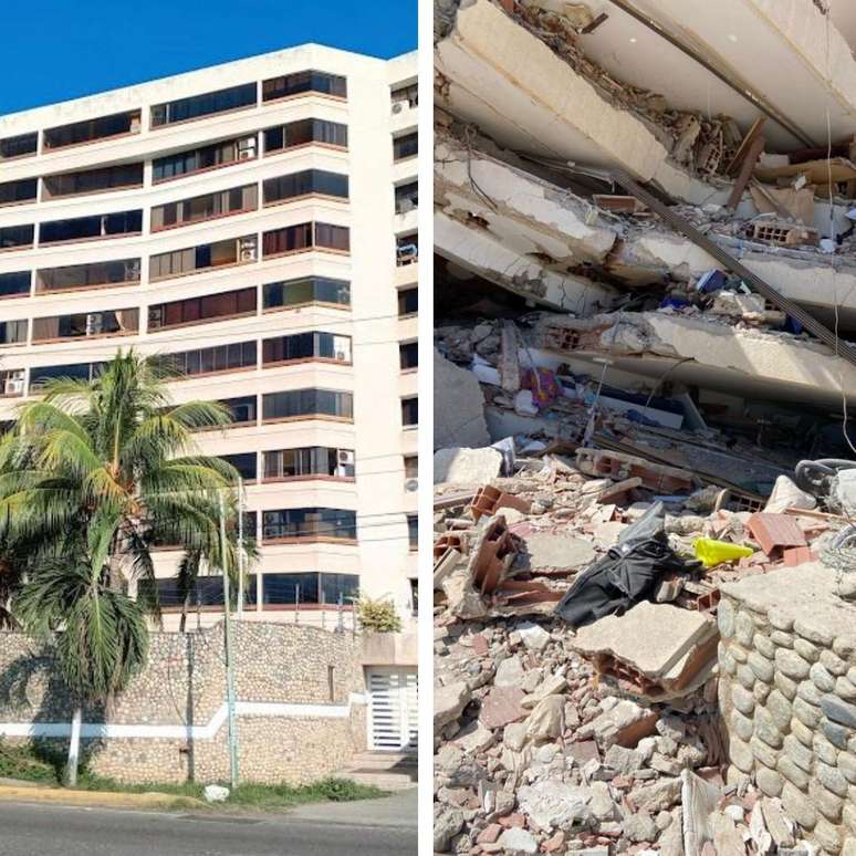 O edif&iacute;cio antes e depois do terremoto