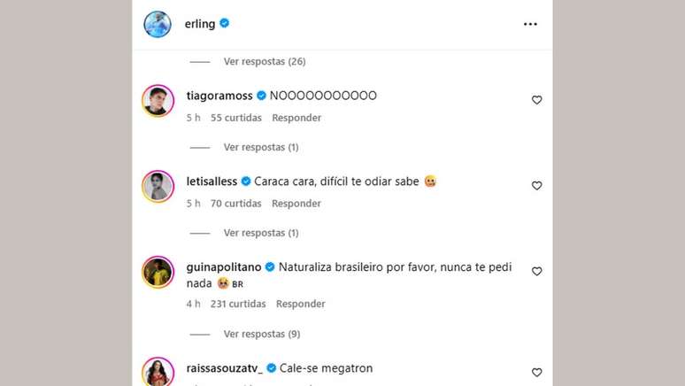 Famosos comentaram em post de Haaland ap&oacute;s a derrota do Brasil para a Noruega