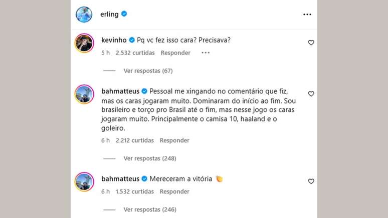 Famosos comentaram em post de Haaland ap&oacute;s a derrota do Brasil para a Noruega