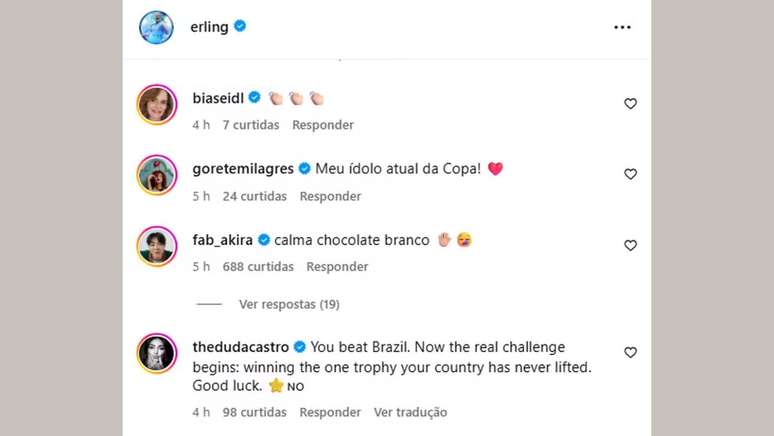 Famosos comentaram em post de Haaland ap&oacute;s a derrota do Brasil para a Noruega