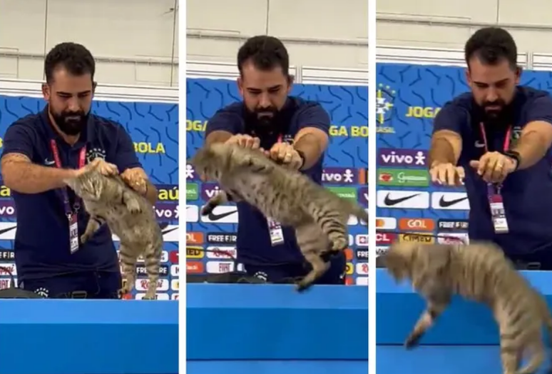 O epis&oacute;dio aconteceu em 2022, quando assessor de comunica&ccedil;&atilde;o da CBF pegou de maneira brusca um gato que invadiu entrevista de Vini Jr.