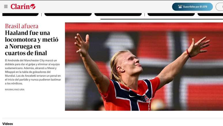 Clar&iacute;n (Argentina): "Haaland foi uma locomotiva e levou a Noruega &agrave;s quartas de final"