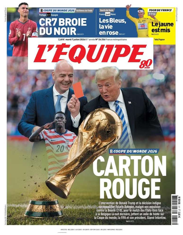 Capa do L&rsquo;Equipe de 07 de julho de 2026 acusa Trump e FIFA de envergonharem a Copa do Mundo ap&oacute;s anula&ccedil;&atilde;o do cart&atilde;o vermelho de Balogun &ndash; 