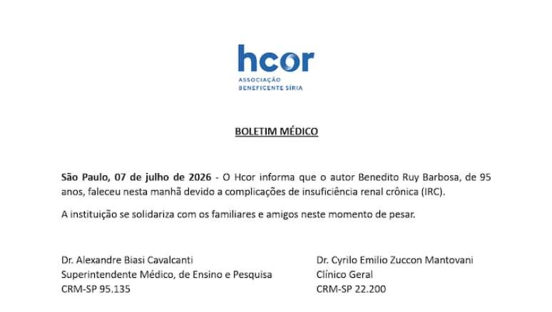 Boletim m&eacute;dico de Benedito Ruy Barbos, enviado ao Estad&atilde;o pelo HCor.