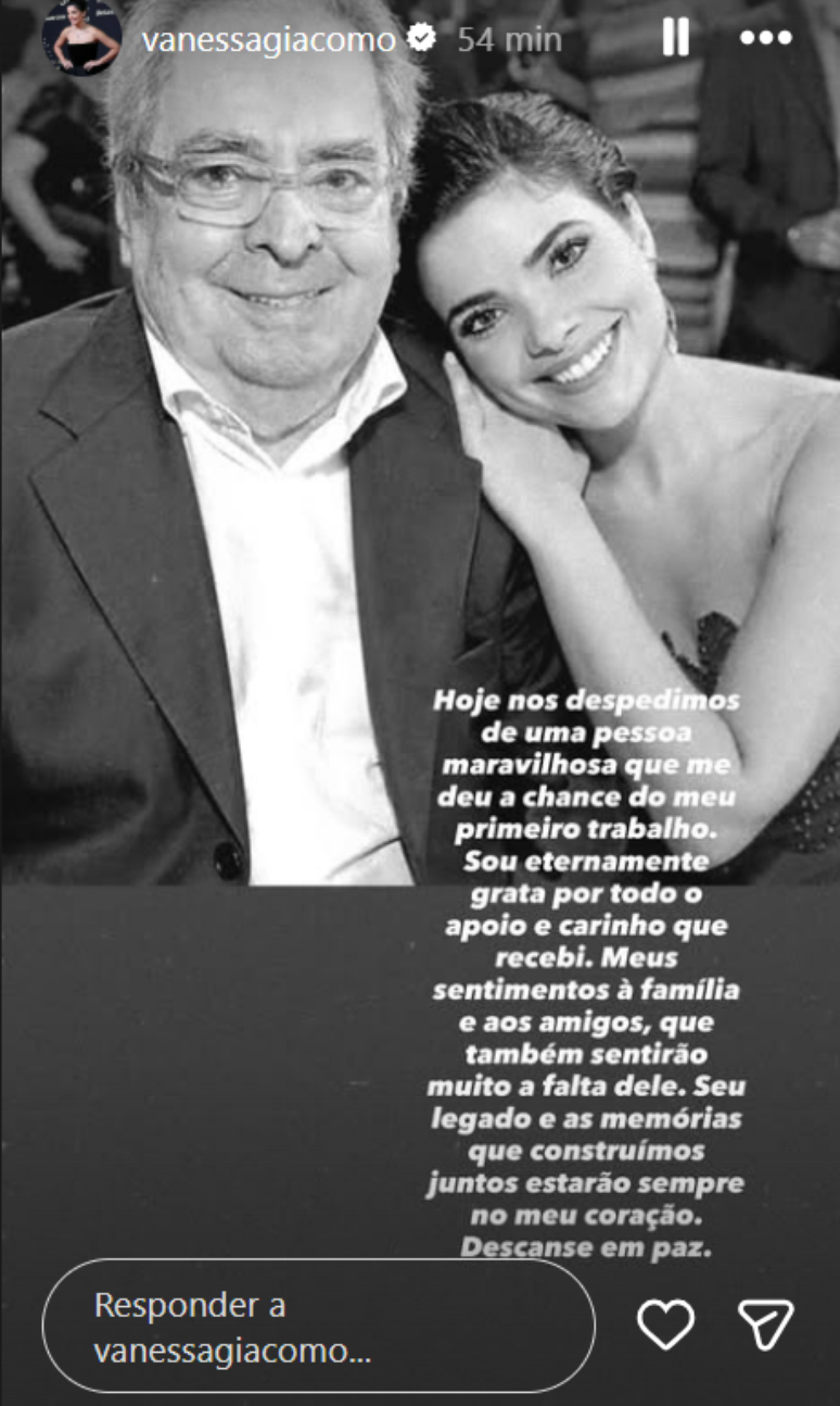 Vanessa Giacomo lamenta morte de Benedito Ruy Barbosa