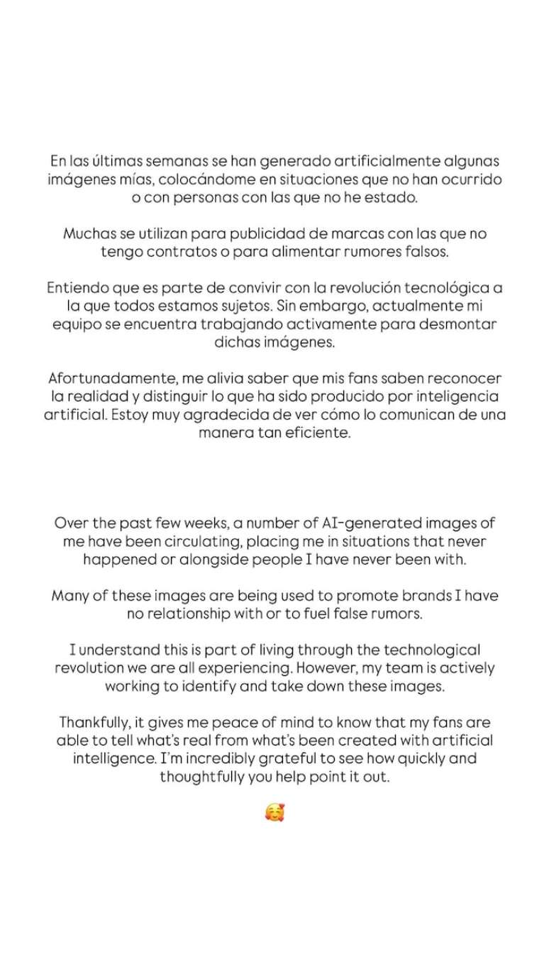 Shakira usou o Instagram para alertar sobre circula&ccedil;&atilde;o de imagens falsas feitas com intelig&ecirc;ncia artificial