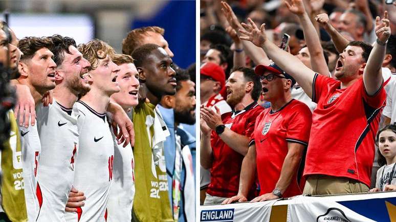 Os jogadores da Inglaterra se juntaram aos torcedores atr&aacute;s do gol para cantar m&uacute;sicas do Oasis em coro ap&oacute;s as vit&oacute;rias em Dallas, Nova Jersey e Atlanta
