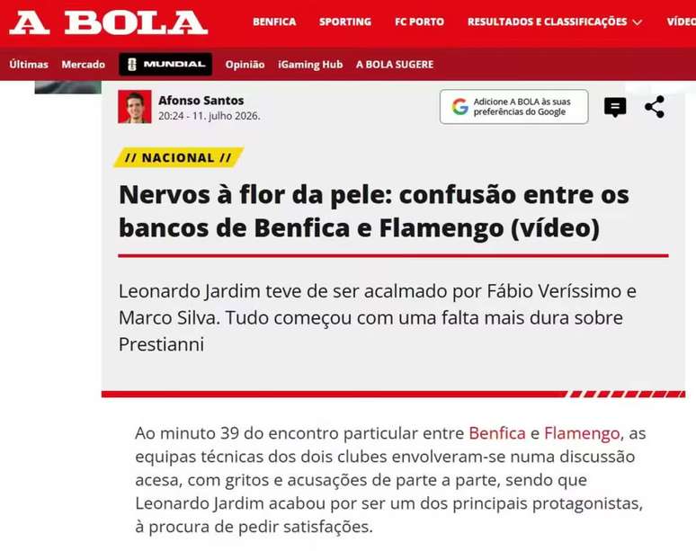 Di&aacute;rio &lsquo;A Bola&rsquo; cita tumulto entre Benfica x Flamengo &ndash;