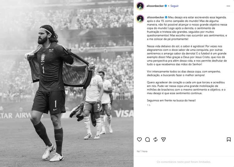 Postagem no Instagram Alisson Becker &ndash;