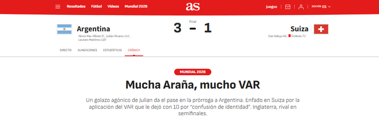 As destaca vit&oacute;ria da Argentina sobre a Su&iacute;&ccedil;a pelas quartas de final da Copa do Mundo