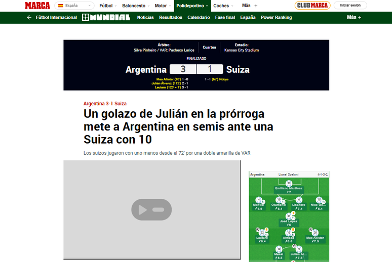 Marca destaca vit&oacute;ria da Argentina sobre a Su&iacute;&ccedil;a pelas quartas de final da Copa do Mundo