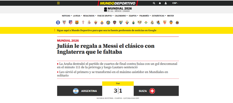 Mundo Deportivo destaca vit&oacute;ria da Argentina sobre a Su&iacute;&ccedil;a pelas quartas de final da Copa do Mundo