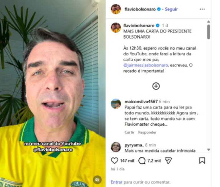 Capturas de tela da postagem de Fl&aacute;vio no S&aacute;bado (11/7) foram inclu&iacute;das na decis&atilde;o de Moraes desta segunda-feira