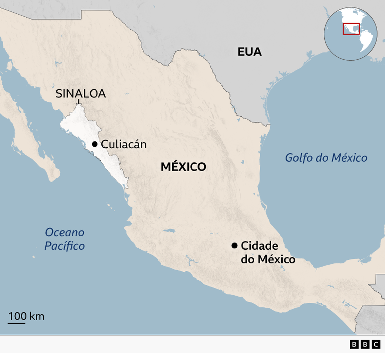 Mapa mostrando a localiza&ccedil;&atilde;o de Culiac&aacute;n, perto do litoral mexicano no oceano Pac&iacute;fico, al&eacute;m da fronteira entre o Estado de Sinaloa e os Estados Unidos