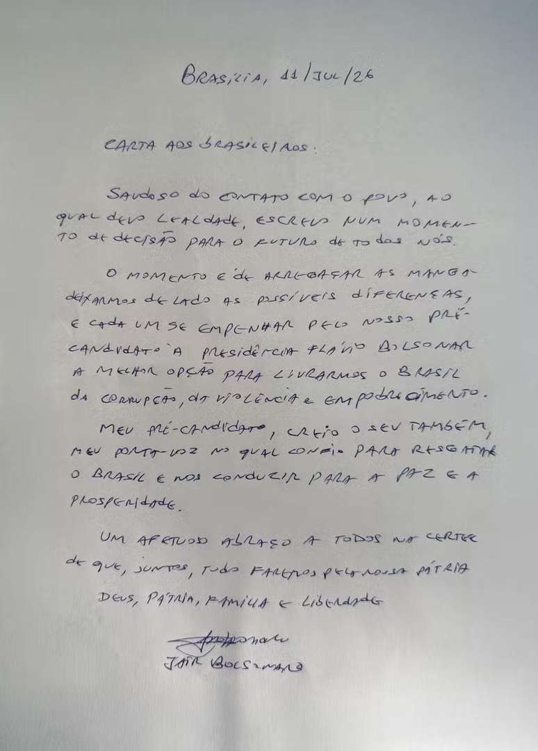 Carta escrita pelo ex-presidente Jair Bolsonaro e divulgada pelo senador Fl&aacute;vio Bolsonaro neste s&aacute;bado (11/7)