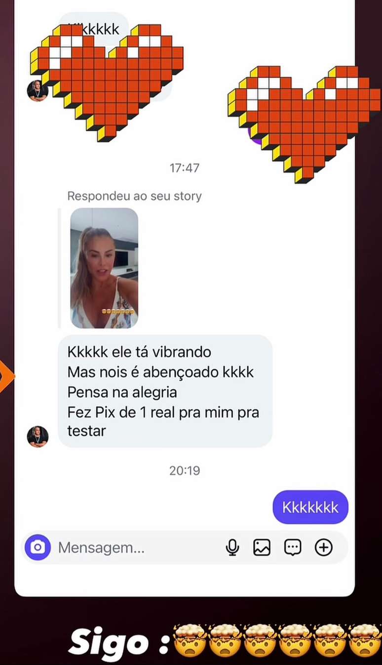 Mensagem de seguidor que recebeu o pix de R$ 1 de Leonardo.