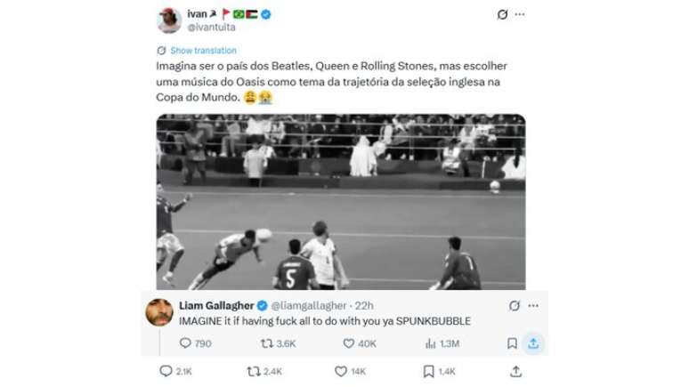 Discuss&atilde;o entre brasileiro e Liam Gallagher, do Oasis, no X.
