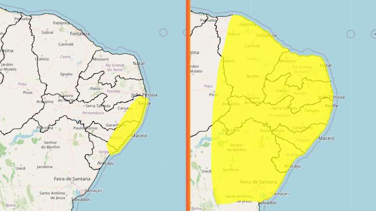 Inmet aponta chuva (esq.) e vendaval, ambos de perigo potencial.