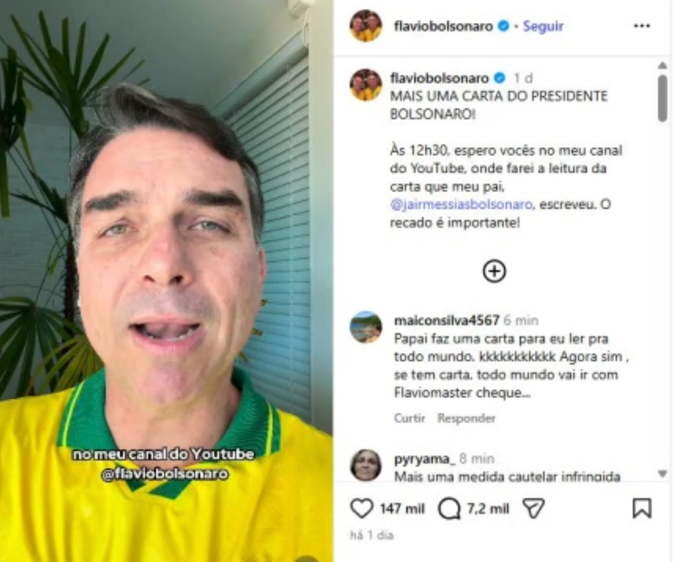 Capturas de tela da postagem de Fl&aacute;vio no S&aacute;bado (11/7) foram inclu&iacute;das na decis&atilde;o de Moraes desta segunda-feira