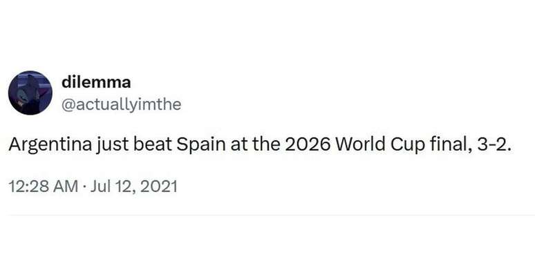A Argentina acaba de vencer a Espanha na final da Copa do Mundo de 2026; 3 a 2, diz a postagem no Twitter &ndash;