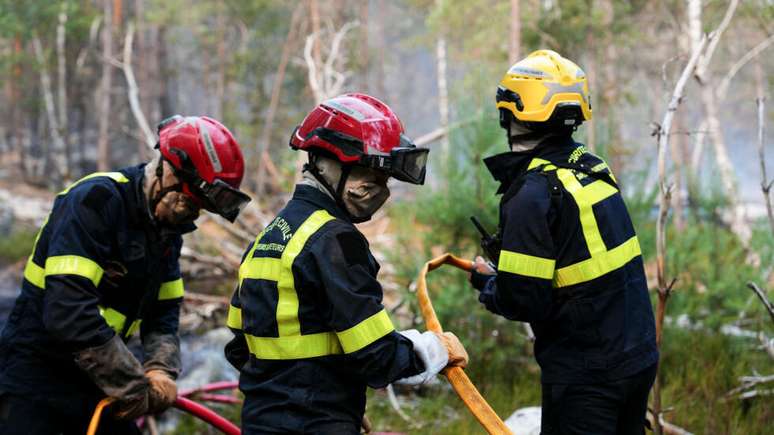 Bombeiros atuam durante um inc&ecirc;ndio na floresta de Fontainebleau, na regi&atilde;o de Paris, em 14 de julho de 2026.