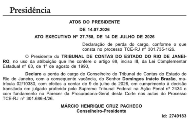 O Tribunal de Contas do Estado do Rio de Janeiro (TCE-RJ) oficializou a perda do cargo do conselheiro Domingos Braz&atilde;o