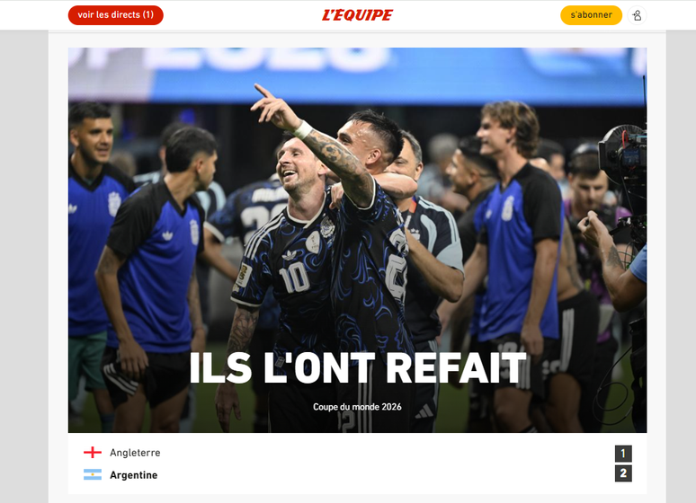 L'&Eacute;quipe repercute vit&oacute;ria da Argentina sobre a Inglaterra na semifinal da Copa do Mundo