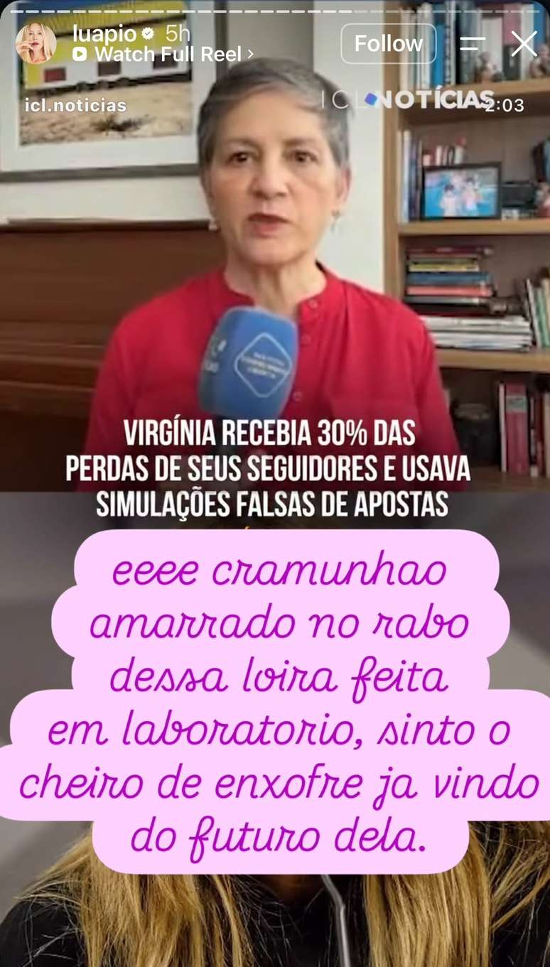 Luana Piovani comenta em seus stories casos de Virginia com a publicidade de Bets.
