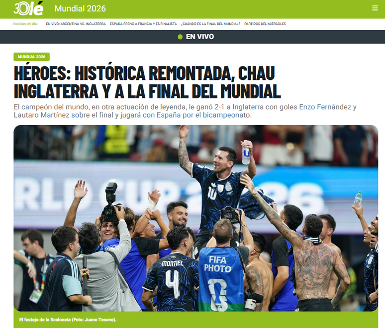 Ol&eacute; repercute vit&oacute;ria da Argentina sobre a Inglaterra na semifinal da Copa do Mundo
