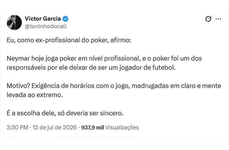 Victor Garcia opina sobre rela&ccedil;&atilde;o do p&ocirc;quer &agrave; rotina profissional do camisa 10 &ndash;