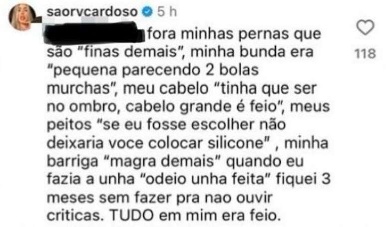 Ap&oacute;s o t&eacute;rmico, a modelo revelou que Marcello criticava seu corpo frequentemente.