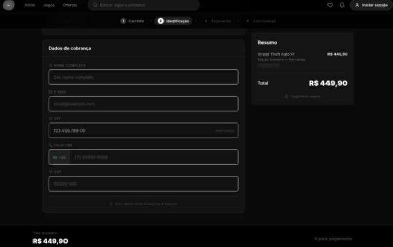 Formul&aacute;rio de dados de cobran&ccedil;a no site fraudulento do GTA 6