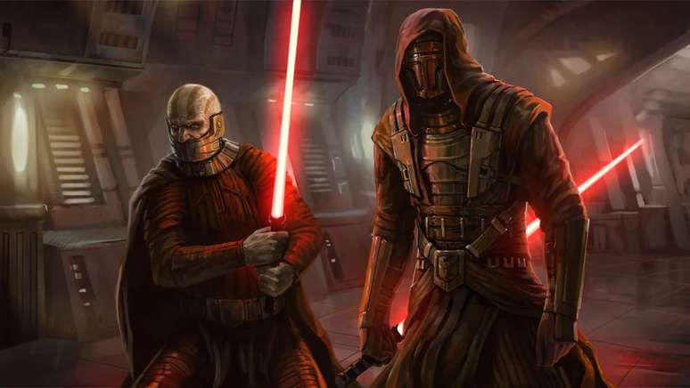 Darth Malak (&agrave; esquerda) e Darth Revan (&agrave; direita) em arte promocional do jogo Star Wars: Knights of the Old Republic