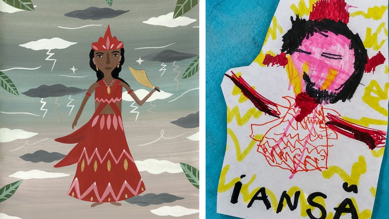 &Agrave; esquerda, ilustra&ccedil;&atilde;o de Ians&atilde; do livro 'Ciranda em Aruanda'. &Agrave; direita, desenho feito por crian&ccedil;a em escola que gerou a&ccedil;&atilde;o da PM ap&oacute;s den&uacute;ncia do pai