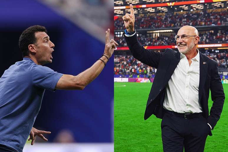 Lionel Scaloni e Luis de la Fuente, t&eacute;cnicos de Argentina e Espanha, respectivamente &ndash; Fotos: Divulga&ccedil;&atilde;o / AFA e RFEF