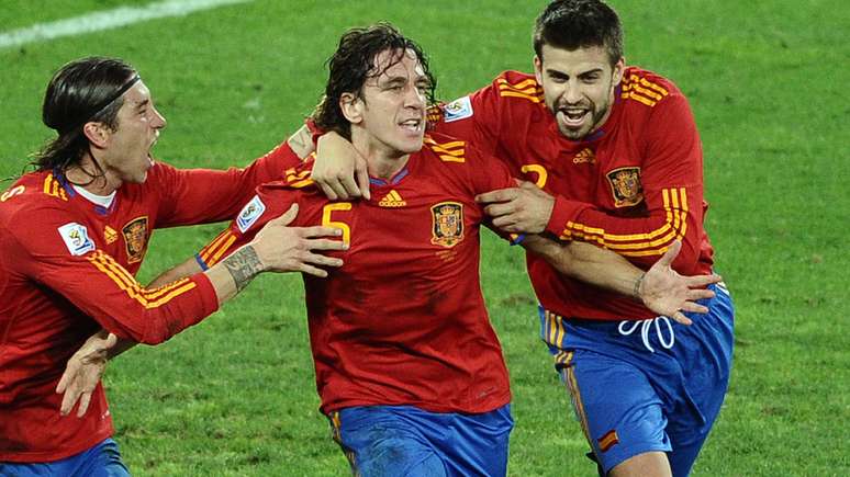 Sergio Ramos, Carles Puyol e Gerard Piqu&eacute; formaram a espinha dorsal da vitoriosa defesa espanhola de 2010