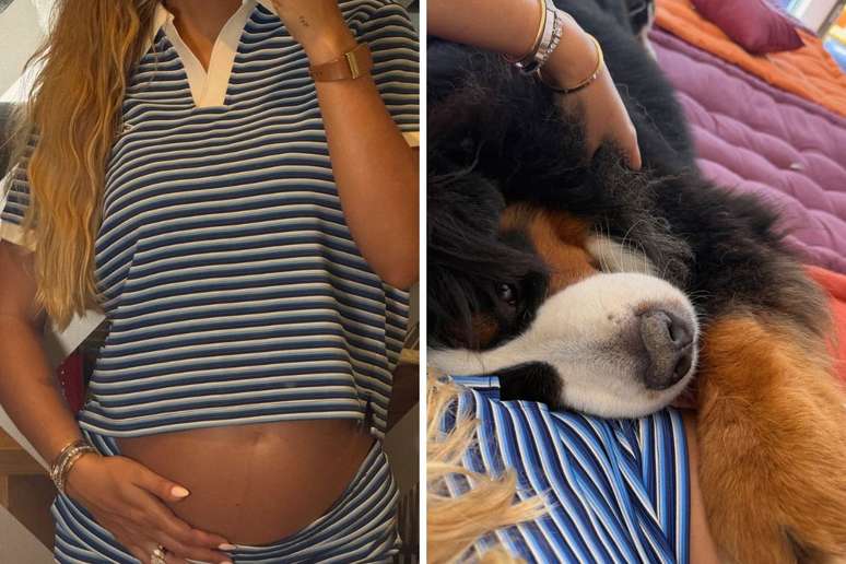 Gabriely ostenta barrig&atilde;o em conjunto de cintura baixa