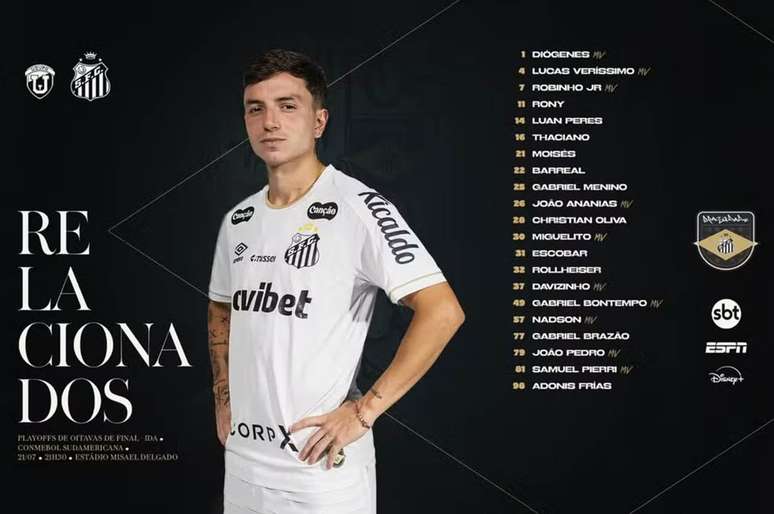 Santos divulga lista de relacionados para jogo contra o Universidad Central &ndash; Divulga&ccedil;&atilde;o/Santos FC