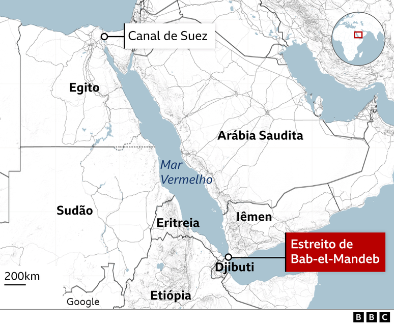 Mapa mostra a localiza&ccedil;&atilde;o do Estreito de Bab al-Mandab, ao sul do Mar Veremelho, entre o Djibuti e o I&ecirc;men.
