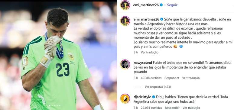 Dibu Mart&iacute;nez fez desabafo nas redes sociais &ndash;