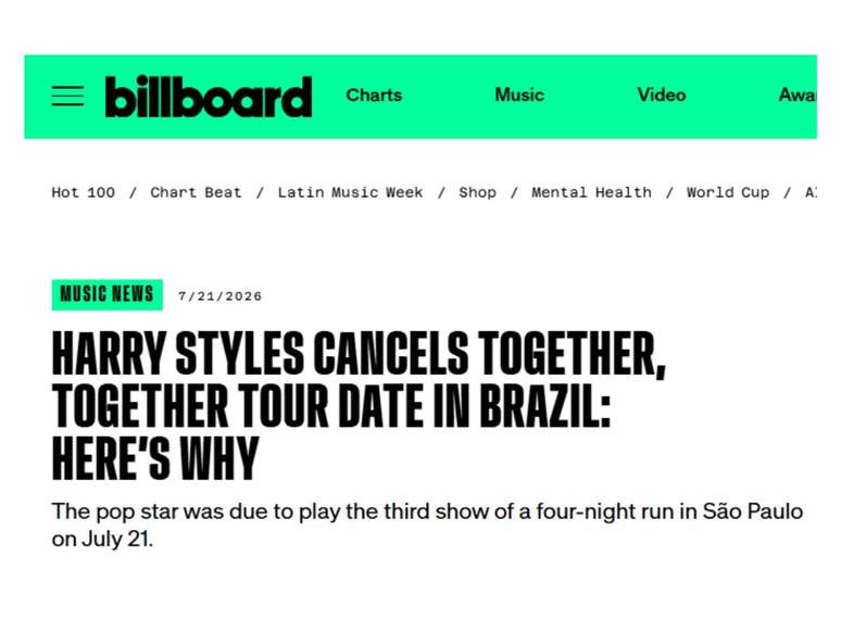 M&iacute;dia internacional repercute show cancelado de Harry Styles em SP