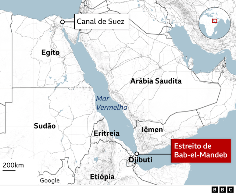 Mapa mostra a localiza&ccedil;&atilde;o do Estreito de Bab al-Mandab, ao sul do Mar Vermelho, entre o Djibuti e o I&ecirc;men. Ao norte do Mar Vermelho, o mapa destaca ainda o Canal de Suez, localizado no nordeste do Egito.