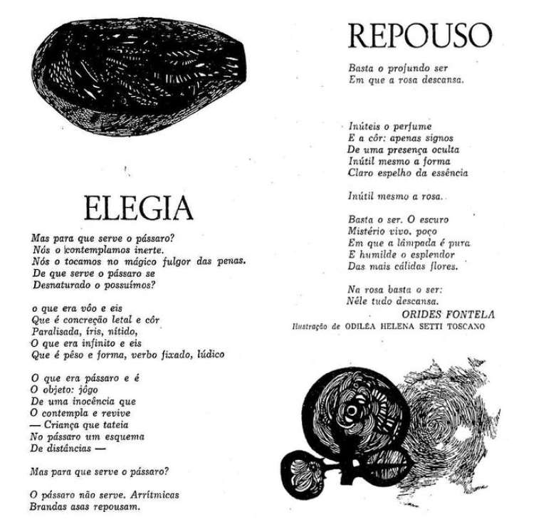 Poemas 'Elegia' e 'Repouso', de Orides Fontela, publicados no Suplemento Liter&aacute;rio do Estad&atilde;o em 7 de janeiro de 1967, com ilustra&ccedil;&otilde;es de Odil&eacute;a Helena Setti Toscano.