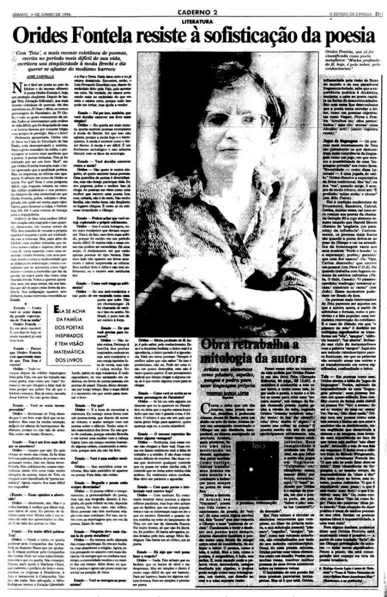 Entrevista de Orides Fontela ao Estad&atilde;o em 1996.
