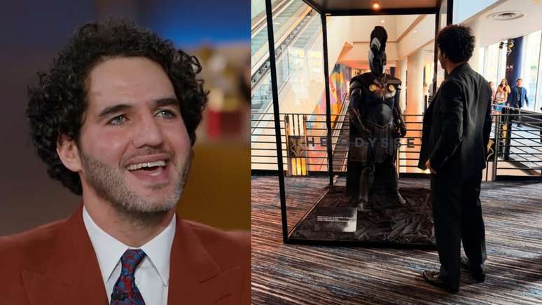 Benny Safdie em um talk show e diante da armadura usada no filme: um ator que desaparece nos personagens