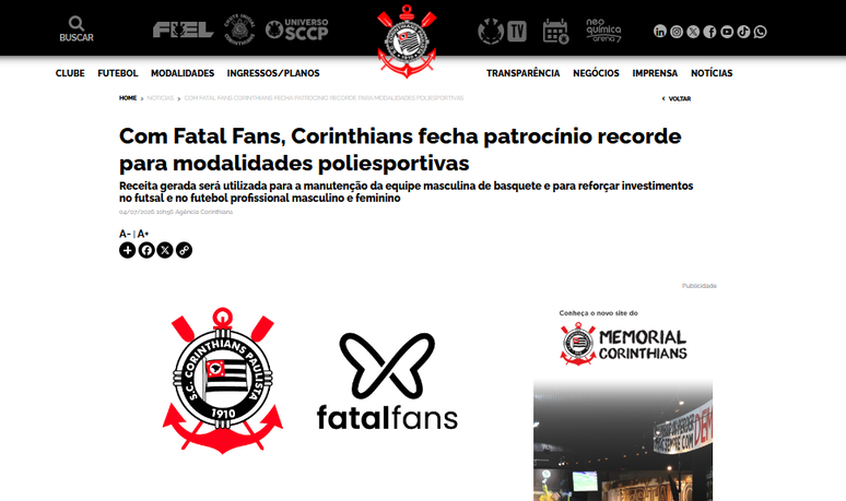 O Corinthians divulga o contrato como uma forma de fortalecer financeira o time em diversas modalidades