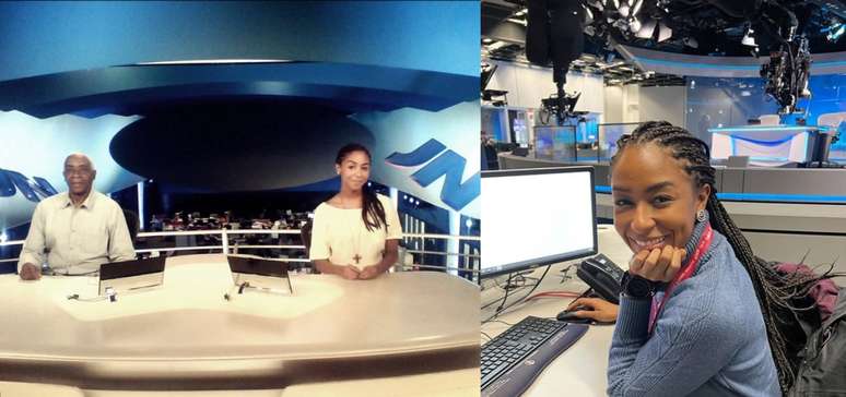 &Agrave; esquerda, Mariana com o pai, Emilson, em visita ao antigo est&uacute;dio do 'JN'; ao lado, na reda&ccedil;&atilde;o onde fica a atual bancada